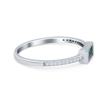 Accent Ring Emerald Cut Round Simulated Rainbow CZ 925 Sterling Silver